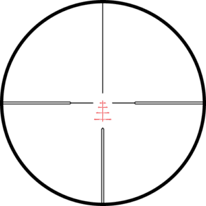 LRC Reticle (16x)
Working with your bullet’s trajectory the LRC reticle, exclusively from Hawke, provides usable aim points for Long Range Centerfire shooting and hunting. The LRC is built specifically around the ballistics of centerfire cartridges, making holdover/under accuracy more possible than ever before. The glass-etched LRC features an illuminated aim point with windage markers for better accuracy and a reticle that stands out against foliage and dark backgrounds.

The aim points of the reticle are designed with gaps increasing in size. This more closely represents the fall of a bullet’s trajectory; the further the bullet travels, the faster the bullet falls. All you need to do is adjust the magnification setting to match your ballistics.
